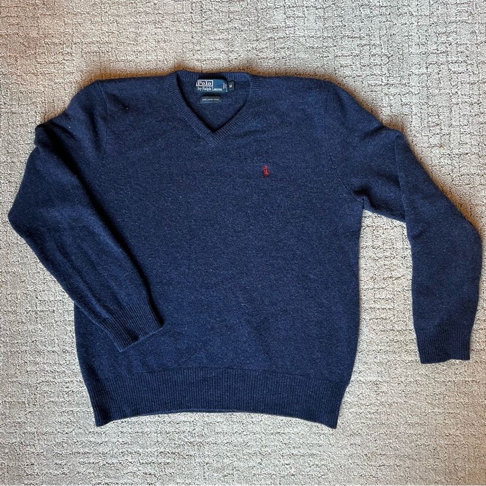 Polo Navy Blue Lambs Wool V-Neck Sweater - M